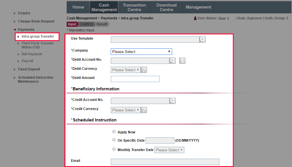 Enter the debit and credit accounts, amount and other information. You may set up instant, scheduled or monthly instruction. After entering all the details, click Submit.