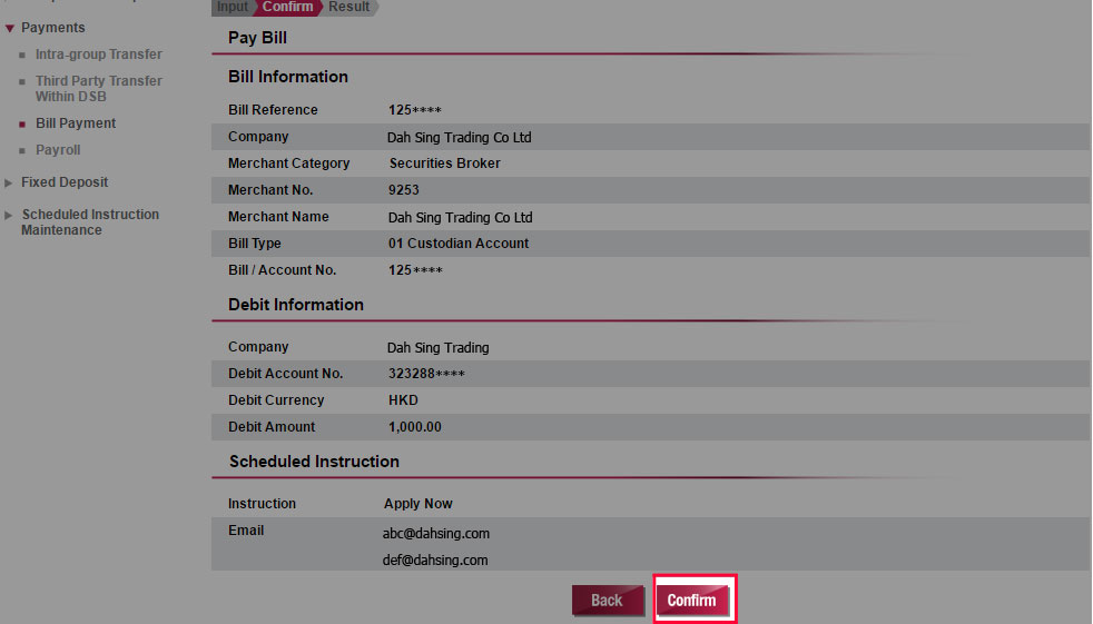 Verify the information and then submit the instruction by clicking Confirm.