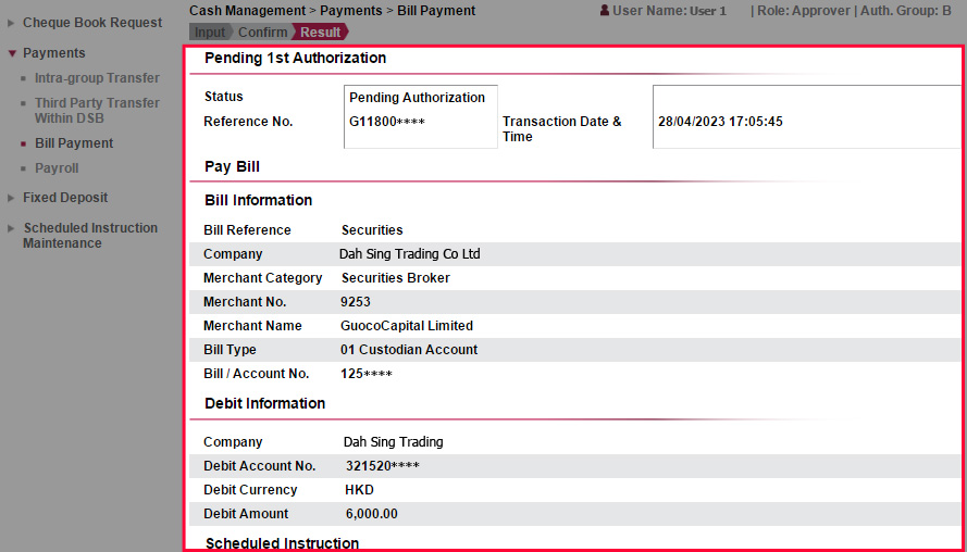 The instruction has been submitted successfully and will be processed upon final approval by the Approver.