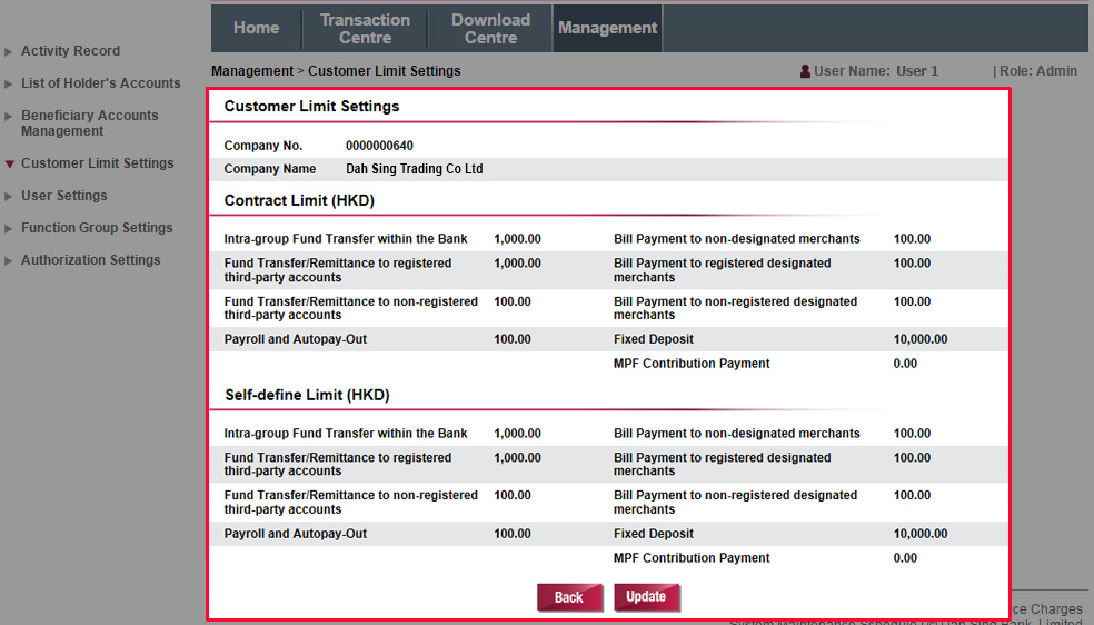 View the current limit settings of the company. If you need to change the settings, please visit any of our branches.