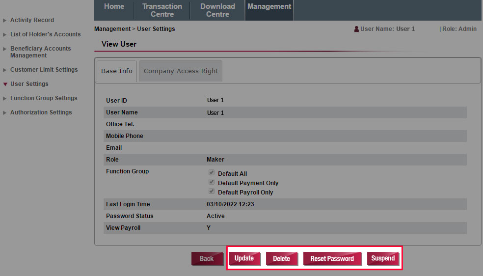 View the details of the User. Choose Update, Delete, Reset Password or Suspend to update, delete or suspend an User or reset the password of an User.