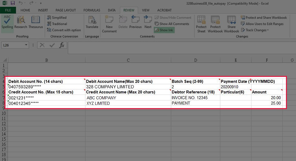 Enter the payment information in the file and then save the file.  If you download CSV file template, please open the file with Notepad for editing and save the file in CSV format for uploading. Note: Please add the Bank Code 040 to the beginning of the Originator Account number.