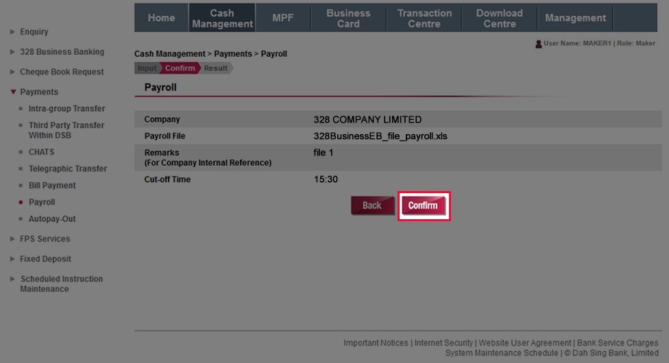 Verify the Payroll instruction and then submit the instruction by clicking Confirm.