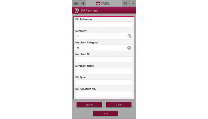 You can set your search criteria and tap Search to check the details for the bill to be paid.