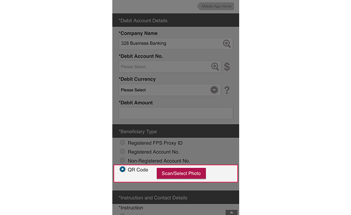 If you select to transfer funds by scanning QR code: 1. Tap Scan / Select Photo to open the camera and scan the QR code. You can also tap the photo icon on top right corner to scan the QR code image saved in you album on your mobile device