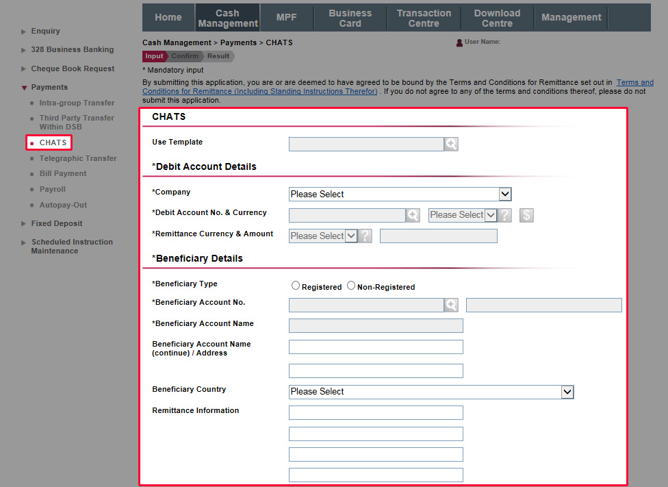 Enter the debit accounts and beneficiary account details, amount and other information. You may set up instant or scheduled instruction. After entering all the details, click Submit.