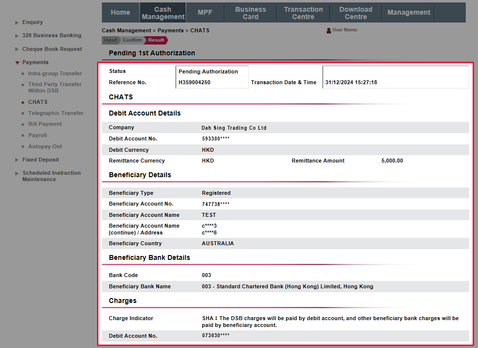 The instruction has been submitted successfully and will be processed upon final approval by the Approver.