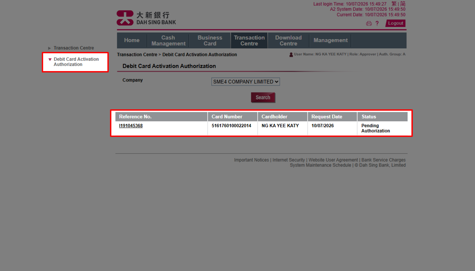 Activate Debit Card (Via 328 Business e-Banking)