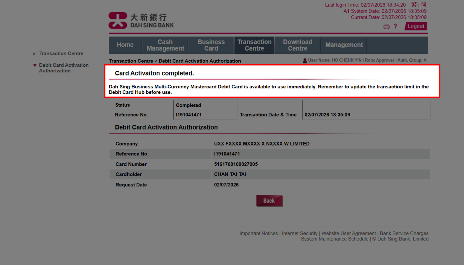 Activate Debit Card (Via 328 Business e-Banking)