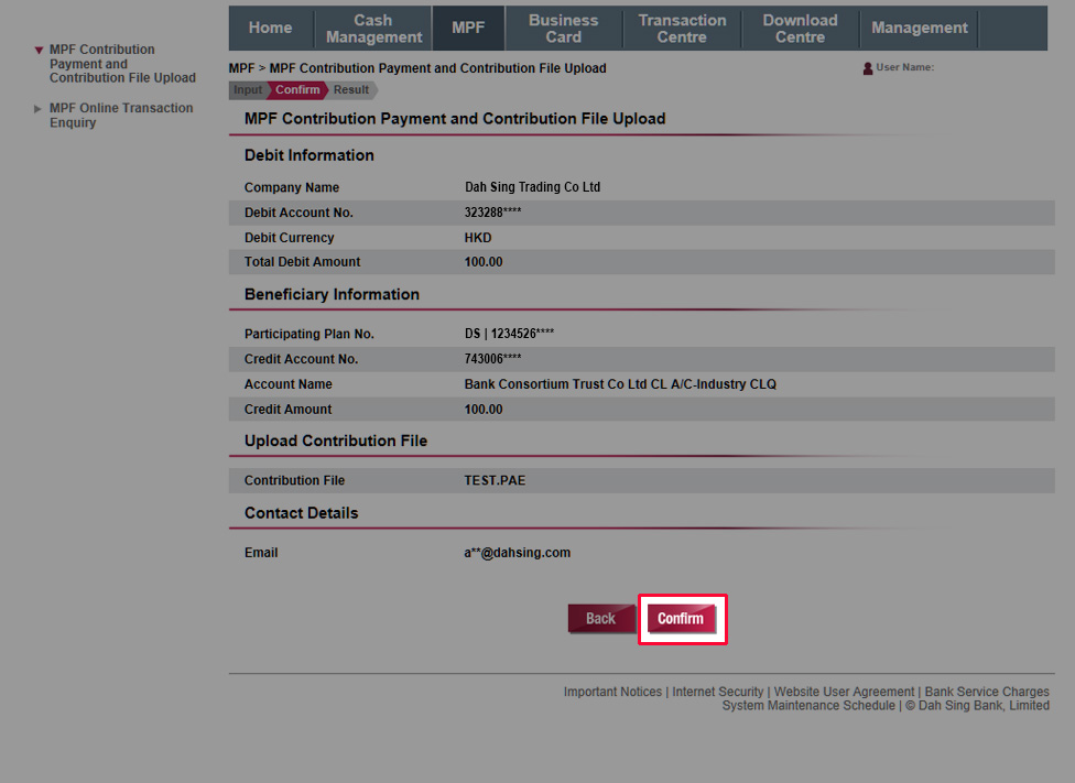 Verify the information and then submit the instruction by clicking Confirm.